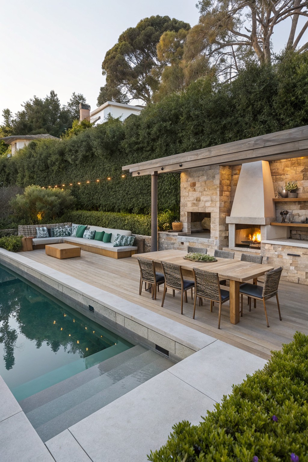Wooden deck platform adjacent to a rectangular pool with steps, featuring lounge seating, rectangular dining table with chairs, stone fireplace, pergola cover, and surrounding hedges and trees.