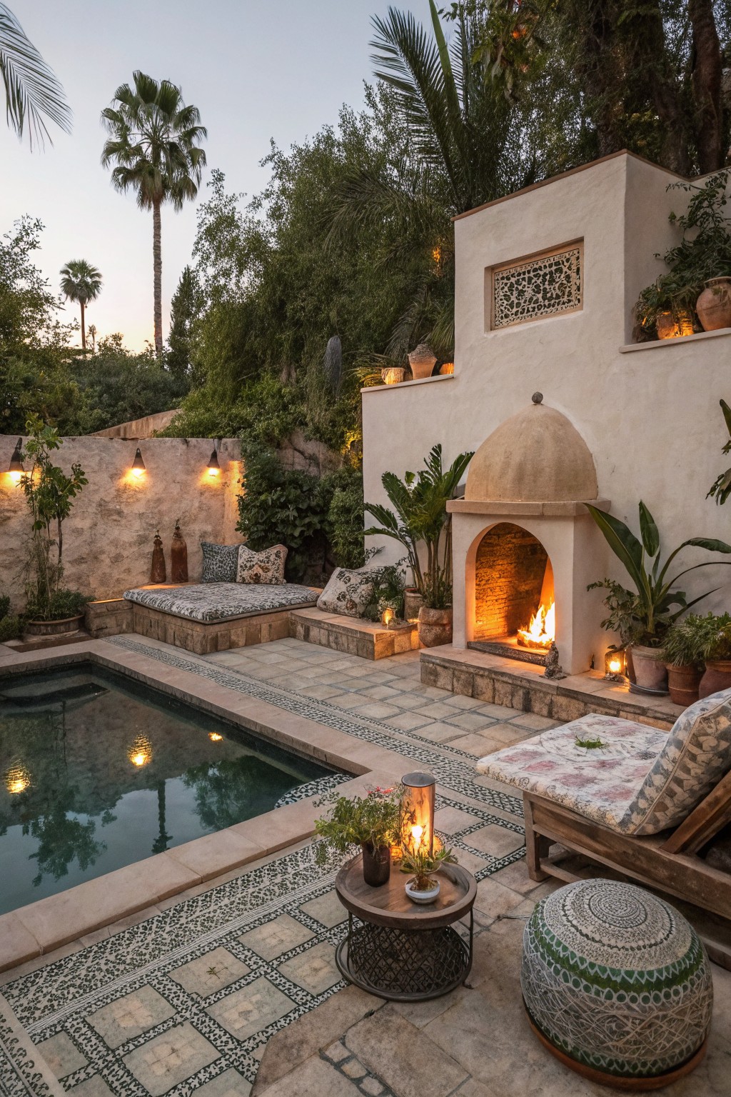 Outdoor pool area at dusk with a built-in arched dome fireplace on a stone platform, low cushioned benches, wooden lounger chairs, lanterns, potted plants, tiled decking, and surrounding greenery and palm trees.