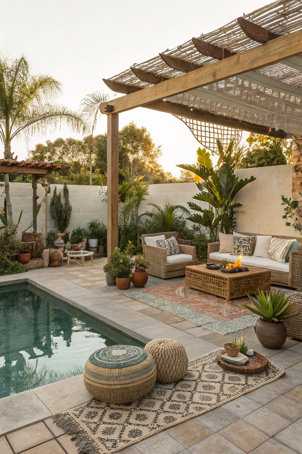 Poolside outdoor lounge on a beige tiled deck with wicker sofa, chairs, and poufs arranged around a rattan fire table, under a wooden pergola with reed ceiling, potted plants nearby, and greenery along the walls.