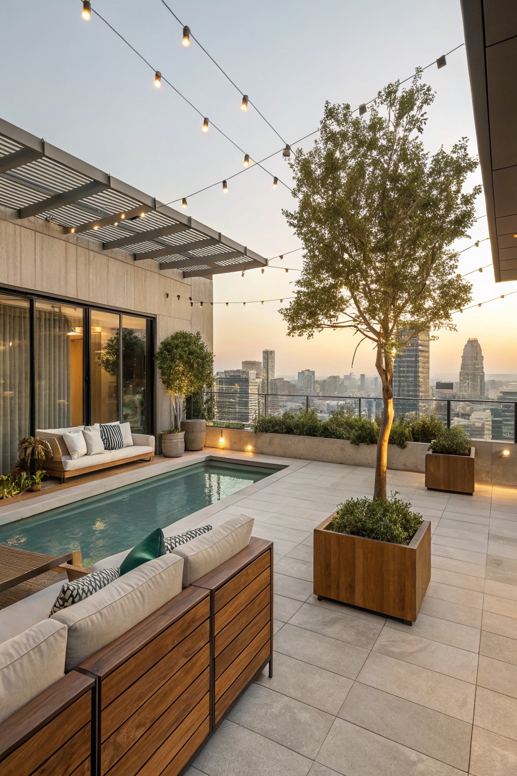 Rooftop terrace with a rectangular turquoise pool, light gray tile decking, wooden L-shaped sofa and daybed, large wooden planters with trees and shrubs, string lights under a slatted pergola, and city buildings in the background at dusk.
