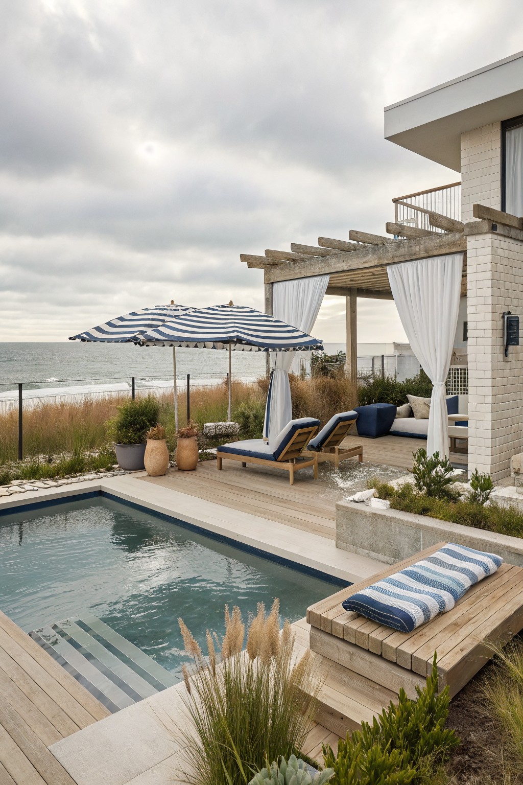 Wooden pergola with white draped curtains over a rectangular pool deck featuring teak loungers, blue-and-white striped umbrellas, potted plants, and beach dunes with ocean in the background.
