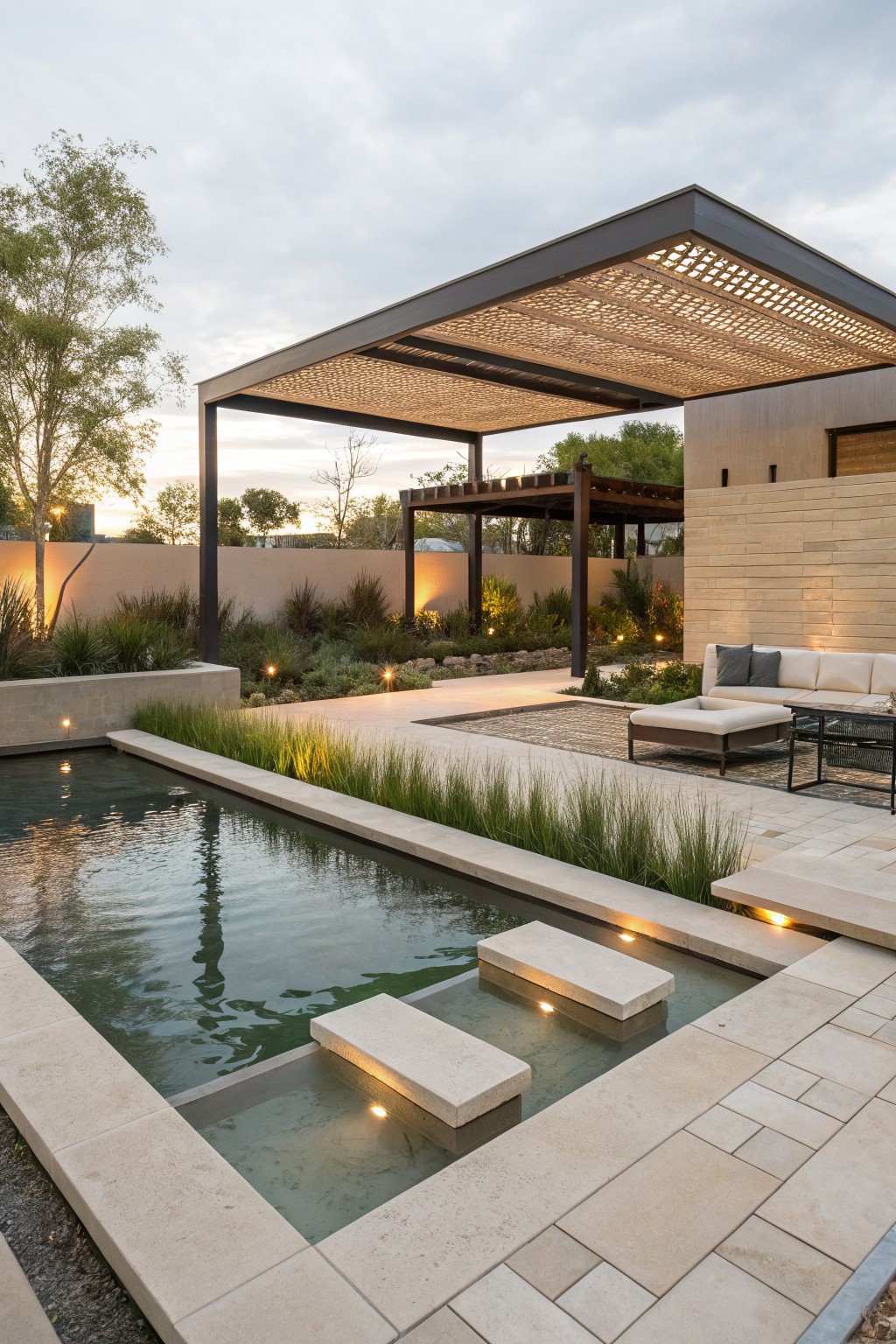 A narrow rectangular pool with two beige stone steps protruding into the water and lit from below, adjacent to a paved patio with outdoor seating under a latticed metal pergola, surrounded by low shrubs and trees against a stucco wall.