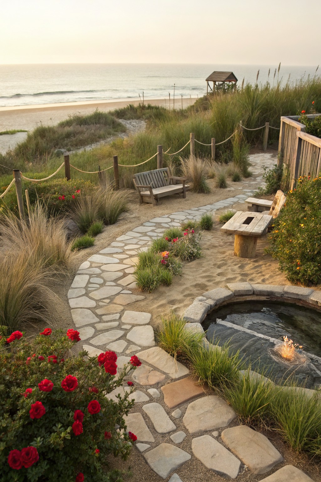 Winding flagstone path edged with tall grasses, red flowers, and wooden benches leads to a circular stone basin with water and central flame, set amid sand and dunes overlooking the beach and ocean at dusk.