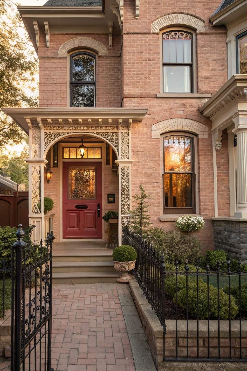 A red brick house with warm cream trim around the porch and entrance.