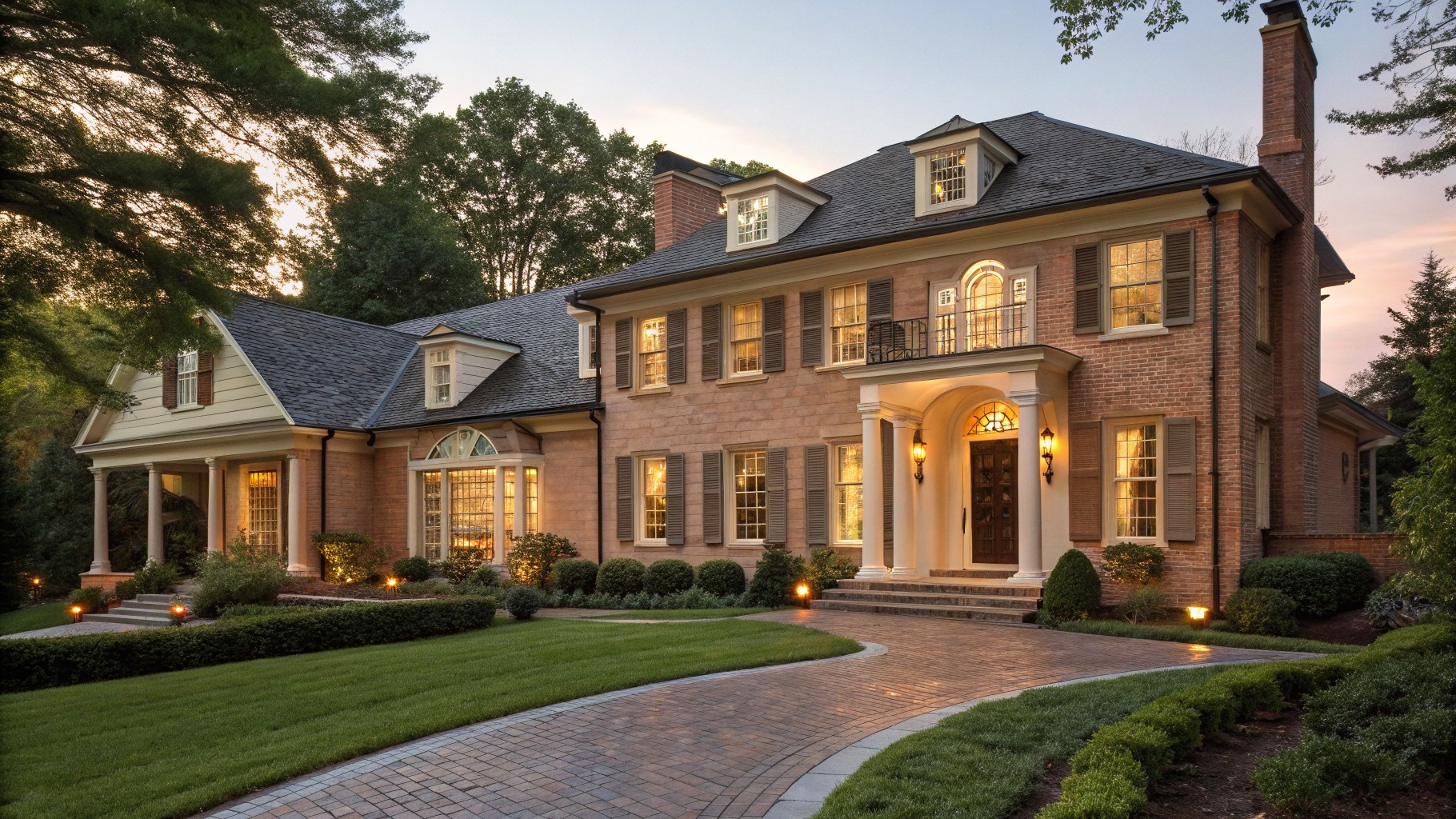 Brick house exterior with warm white painted trim and columns around the front entrance.