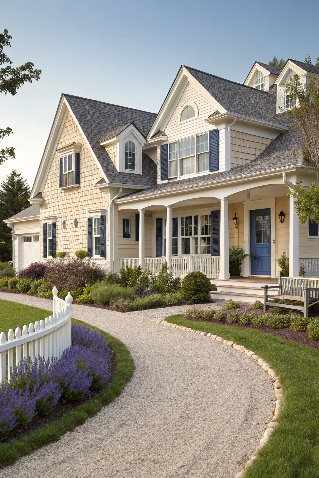 Light beige siding covers the exterior of a two-story house with white trim.