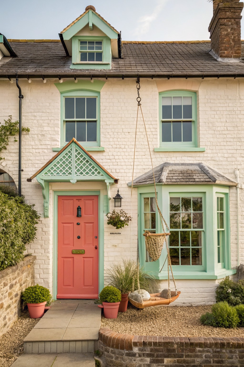 A brick house with soft mint green trim around the windows and door.