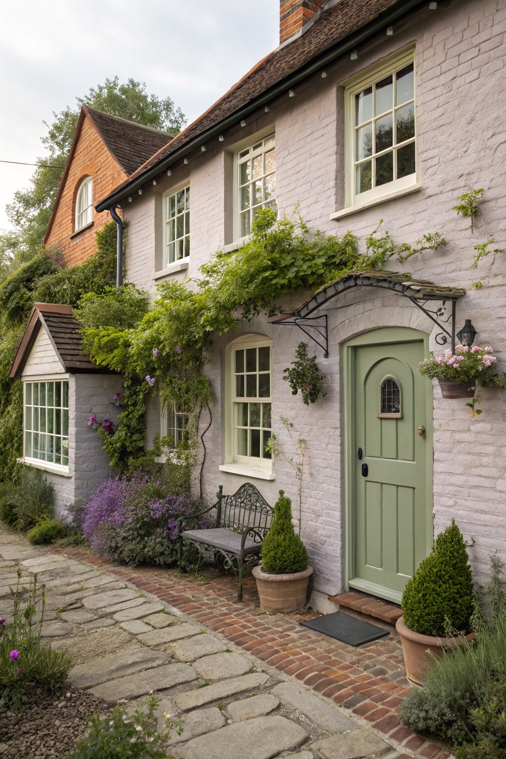 A brick house exterior painted in a soft pink gray with a green front door and climbing vines.