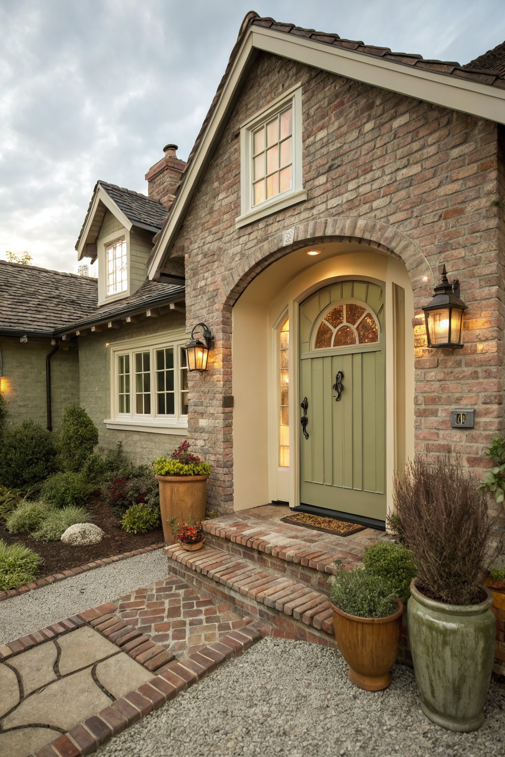 The front door is painted a soft sage green against brick.