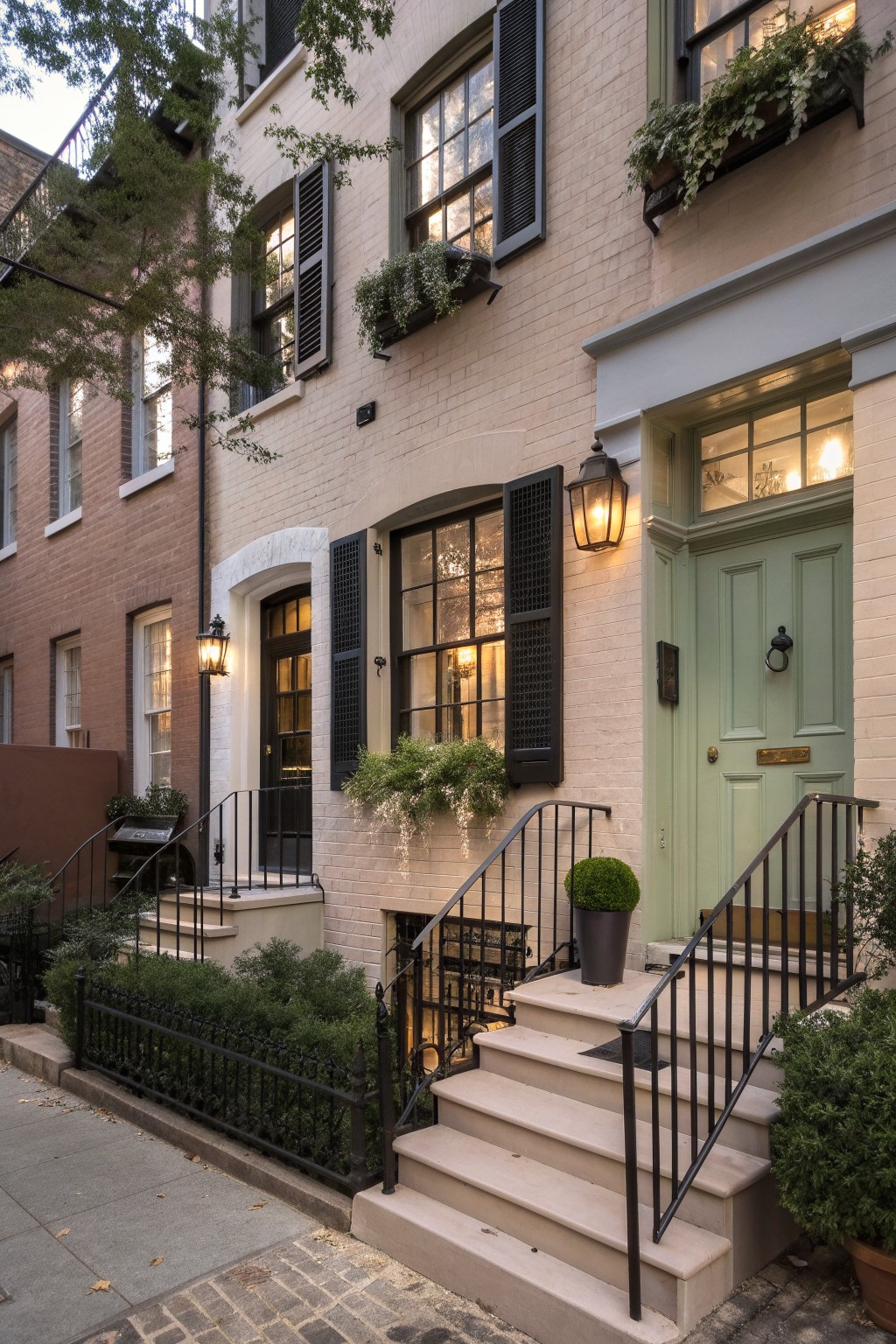 A soft sage green door on a light brick house with stone steps.
