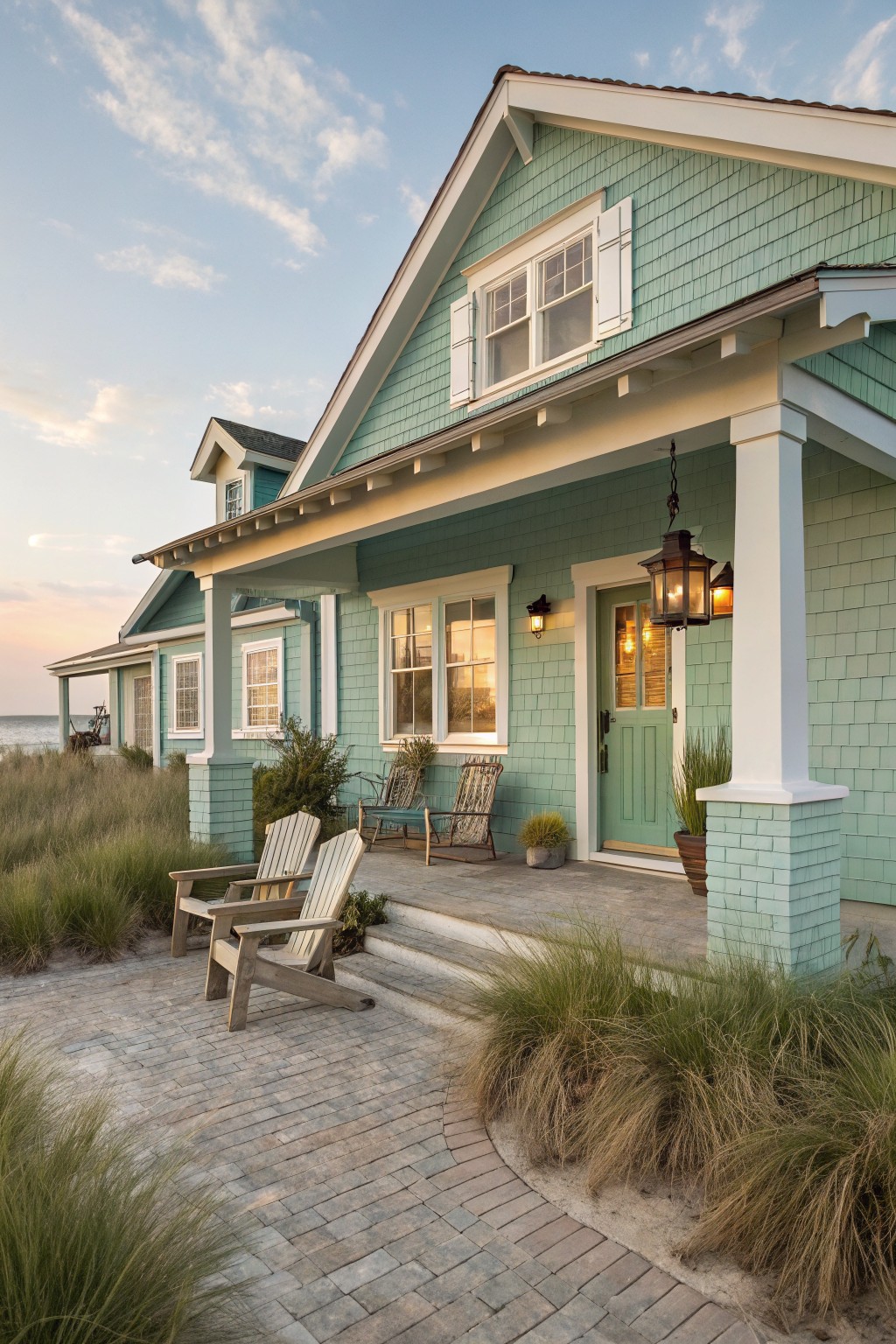 A light seafoam green house with white trim and a paved walkway.