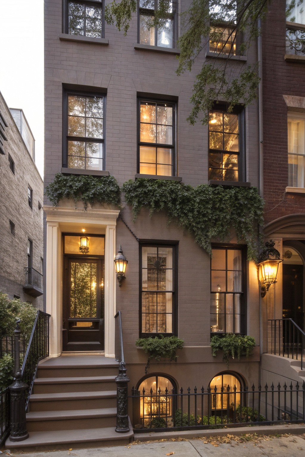 A brick townhouse painted in a soft warm gray with black windows and a front entrance.