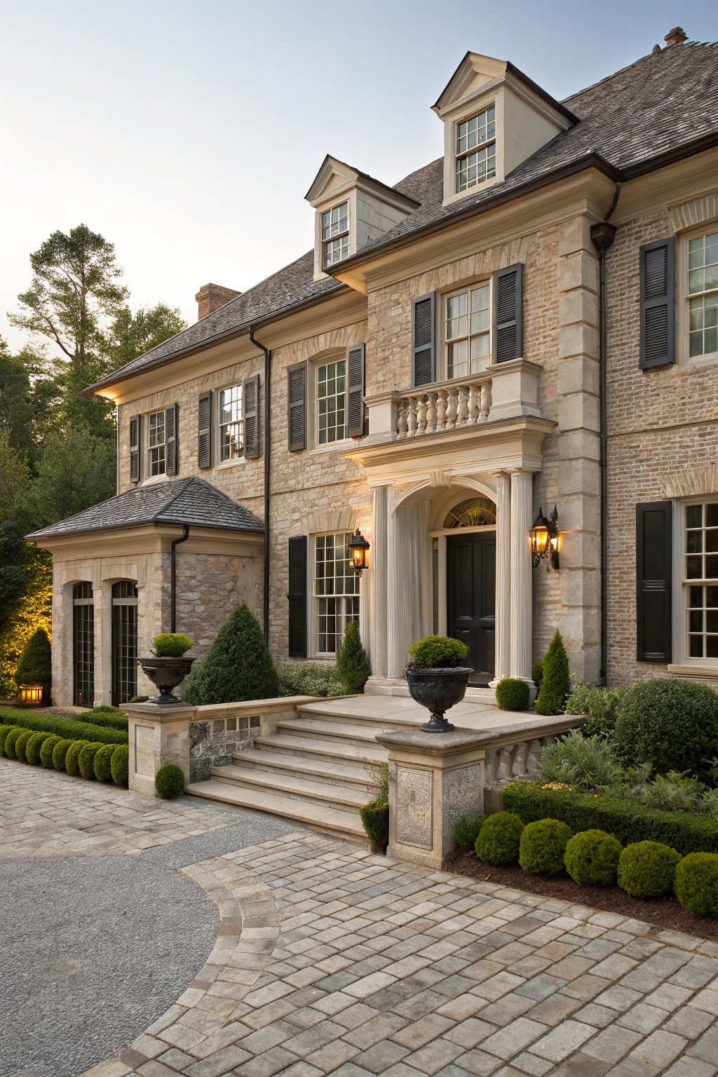 A brick house exterior with warm off-white trim and columns around the front entrance.