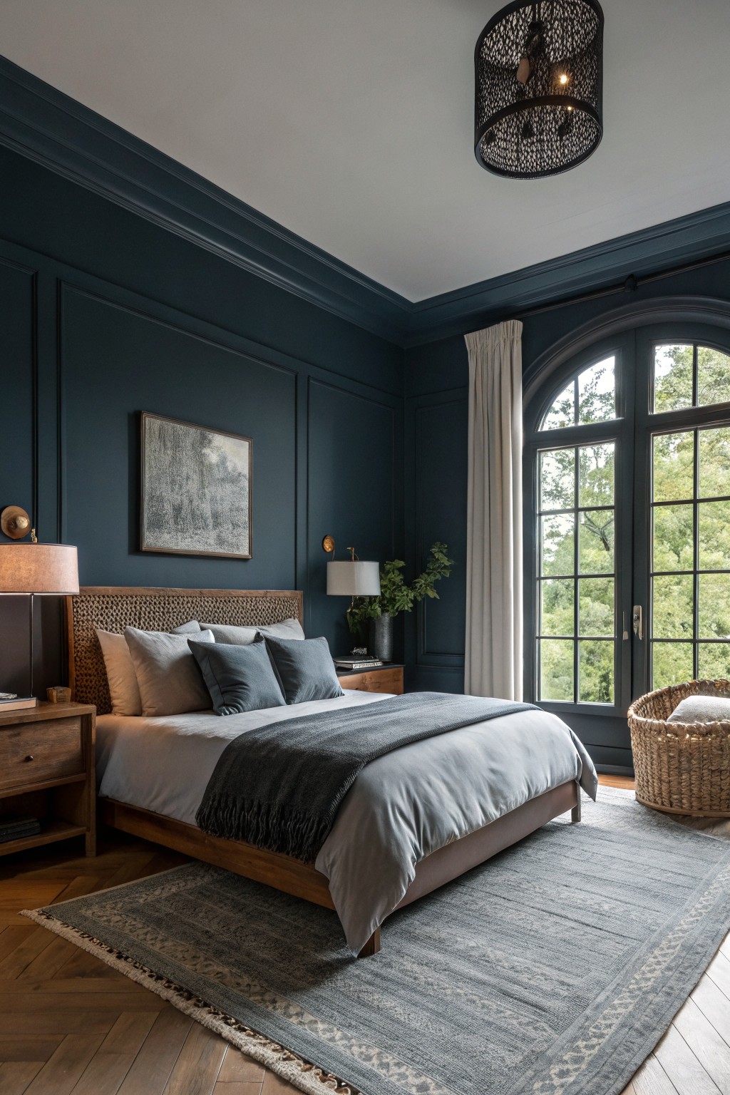 Elegant bedroom with dark blue walls, a wooden bed, stylish decor, and large windows.