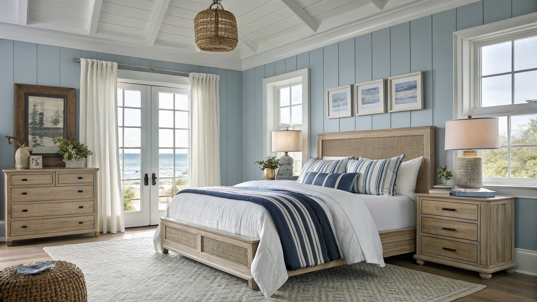 Light blue walls in a bedroom with white trim and a woven bed frame.
