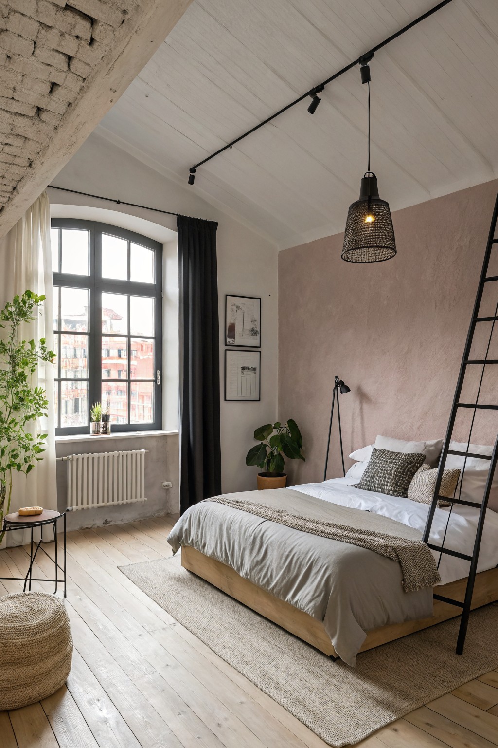 A bedroom featuring soft muted rose walls with a low wooden bed and black metal accents.