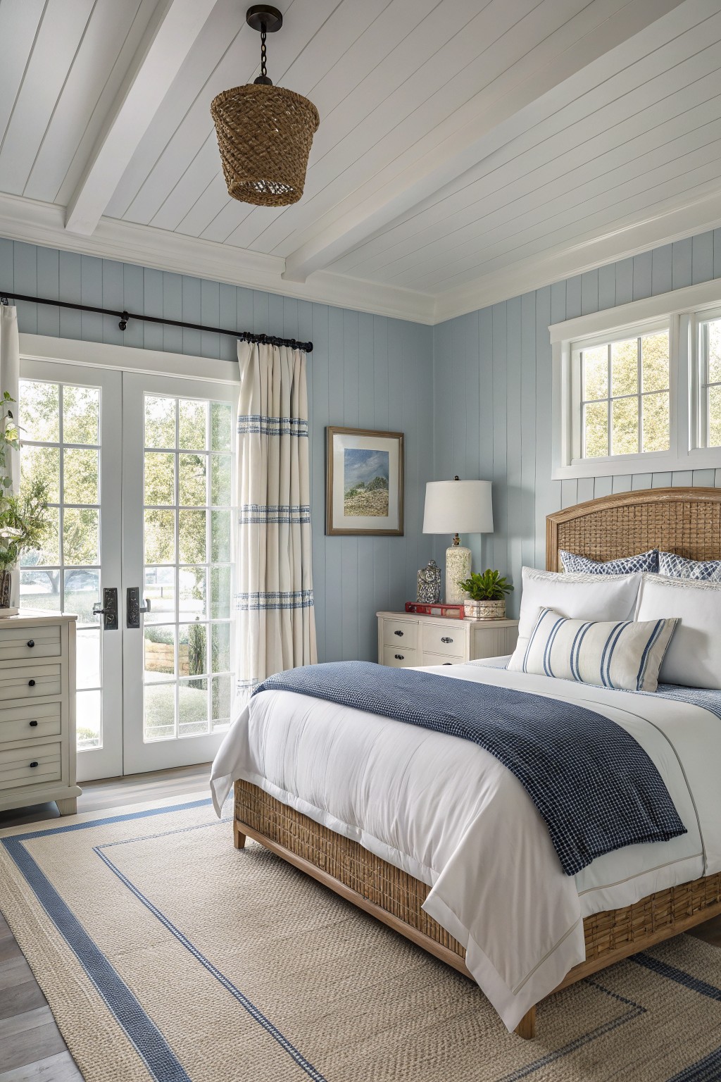 Light blue walls in a bedroom with white trim and a woven bed frame.