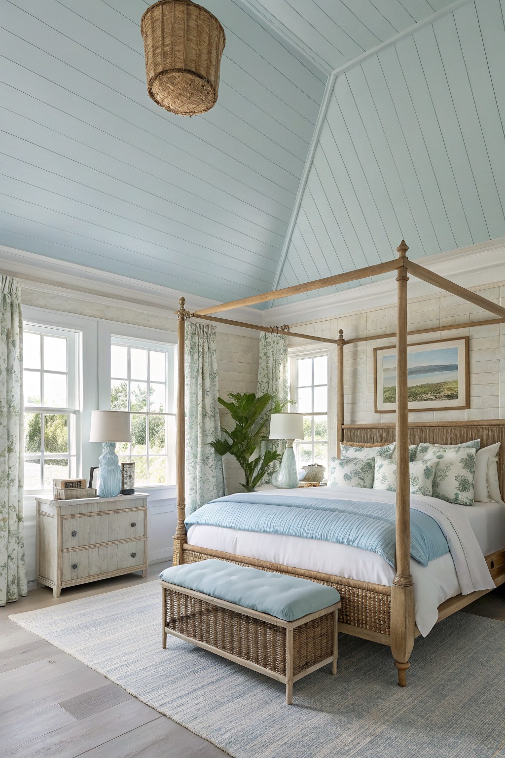Bright, airy bedroom featuring a four-poster bed, blue accents, and floral curtains.