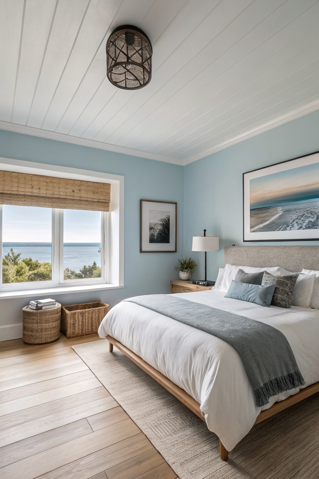 Bedroom with soft blue walls and a window view of the water.