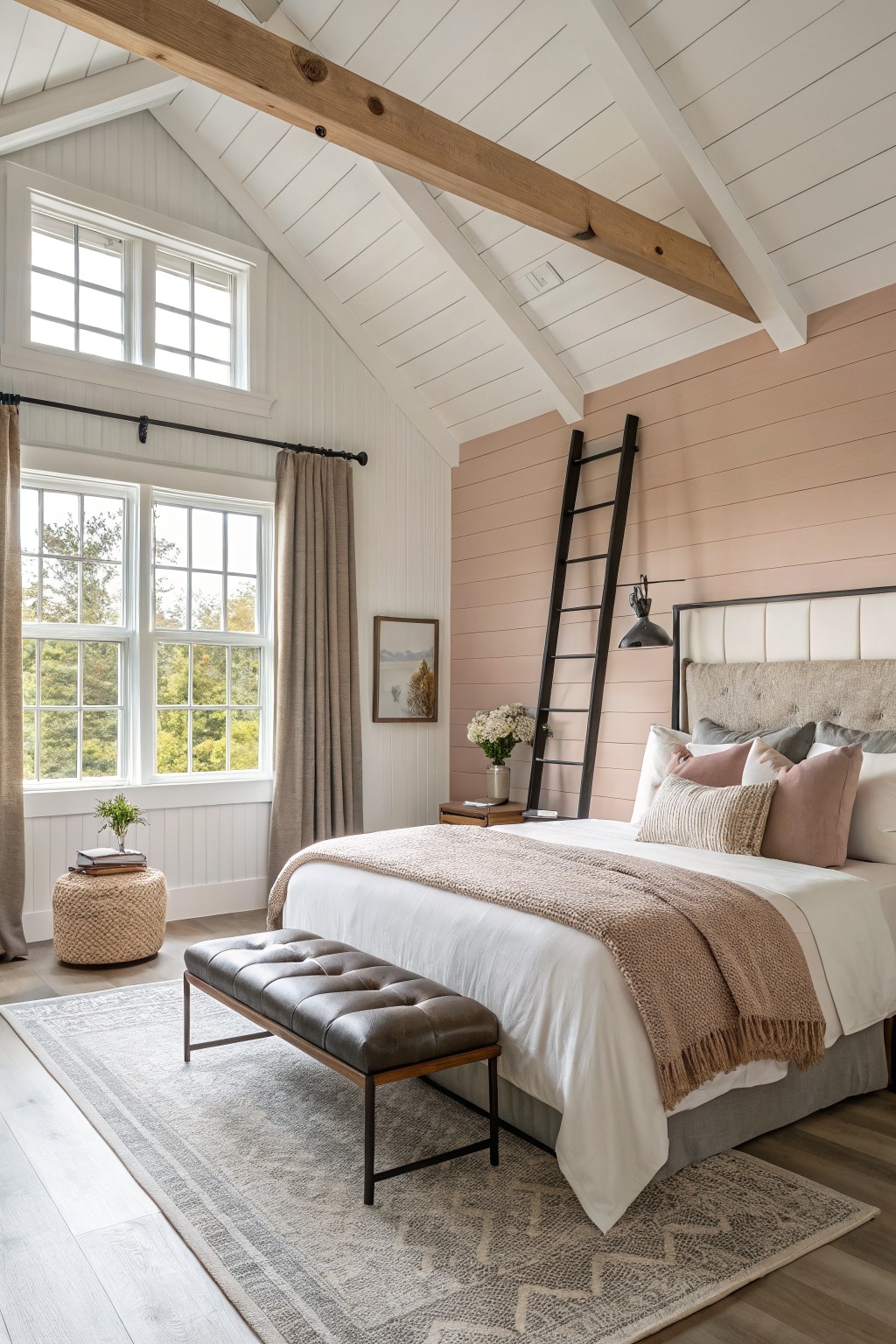 Modern bedroom featuring a muted color palette, large windows, and cozy decor elements.