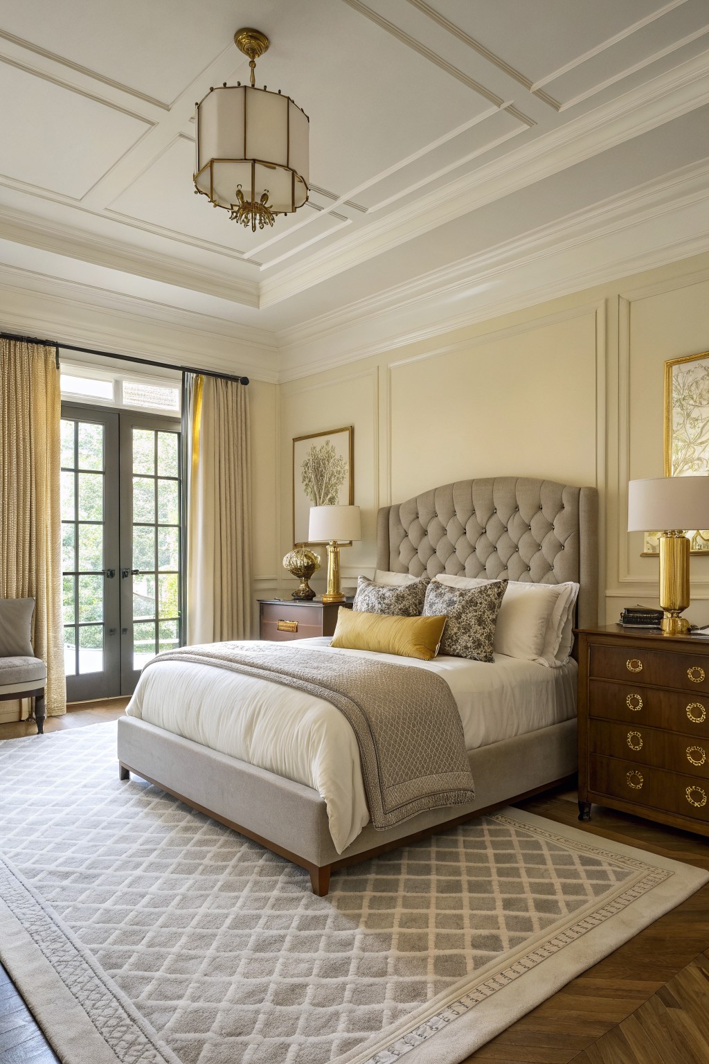 A bedroom with soft greige walls and a large upholstered bed.