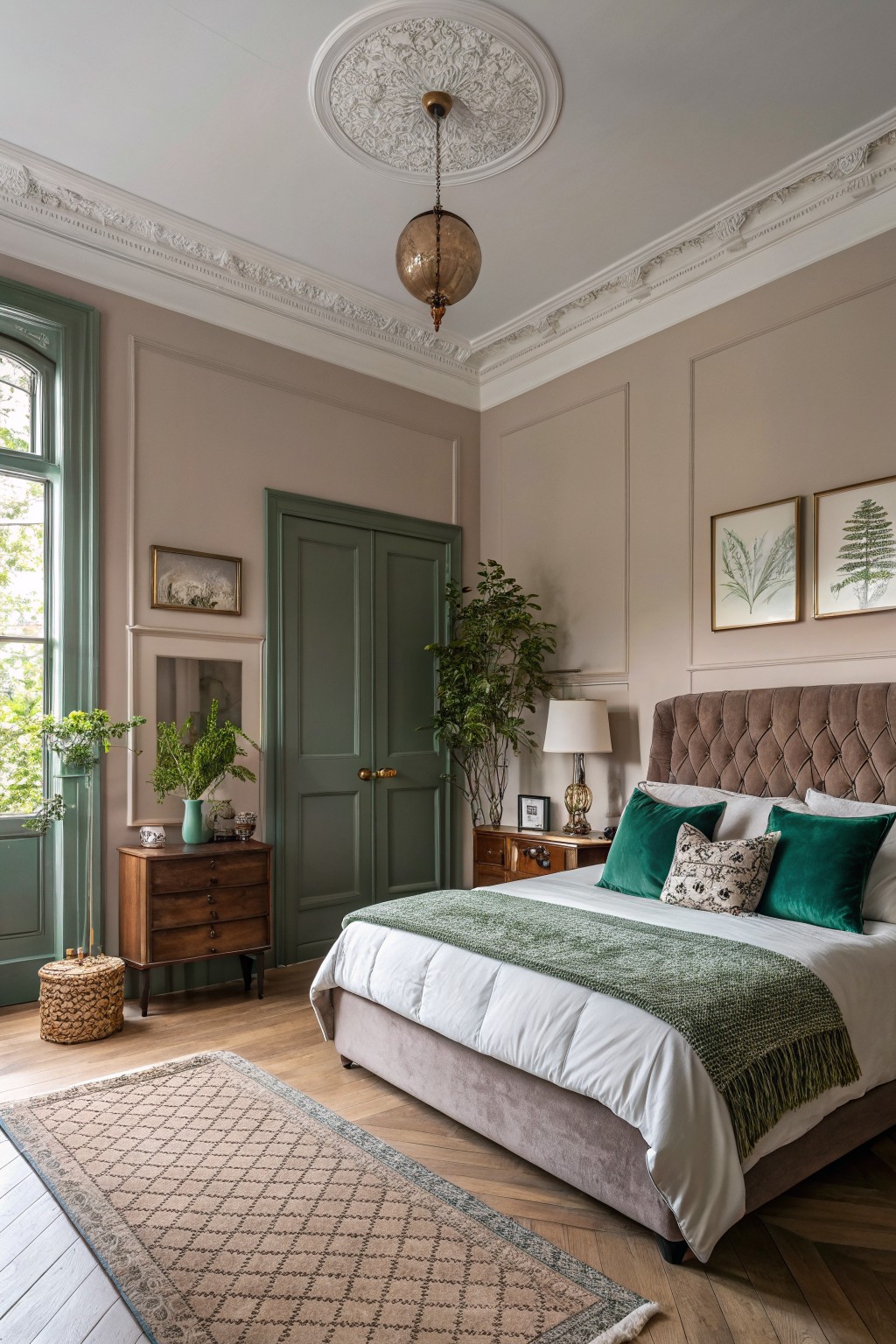 Bedroom walls painted in a soft greige tone with green doors and trim.