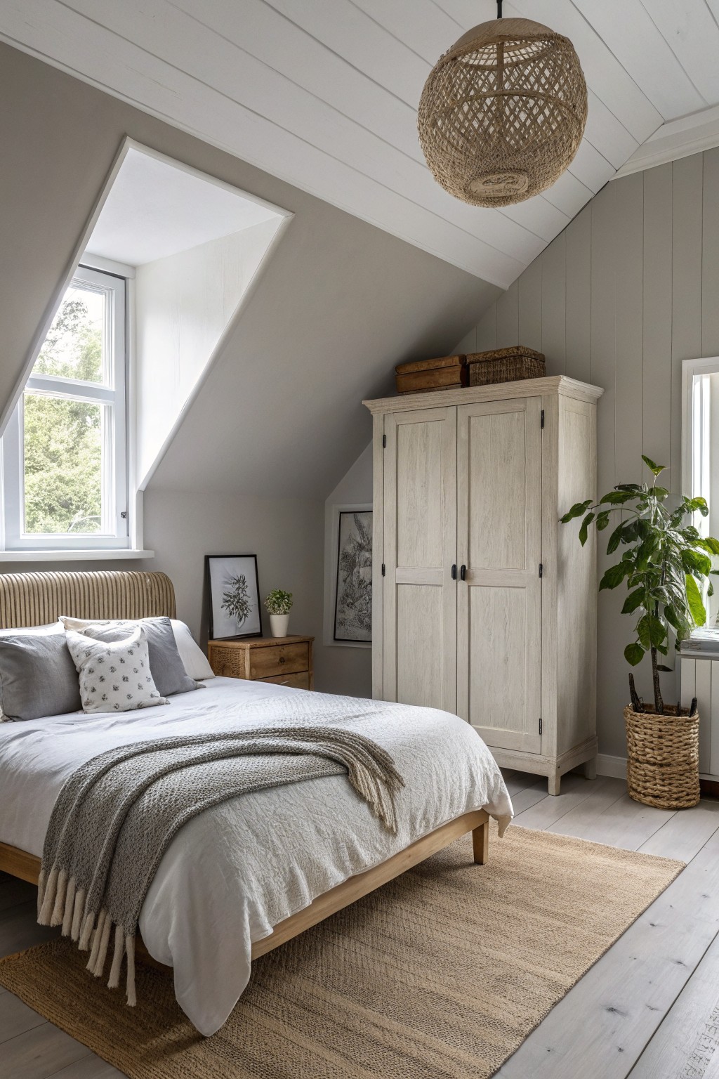 A bedroom with soft greige walls, a wooden bed, and natural light from a skylight.