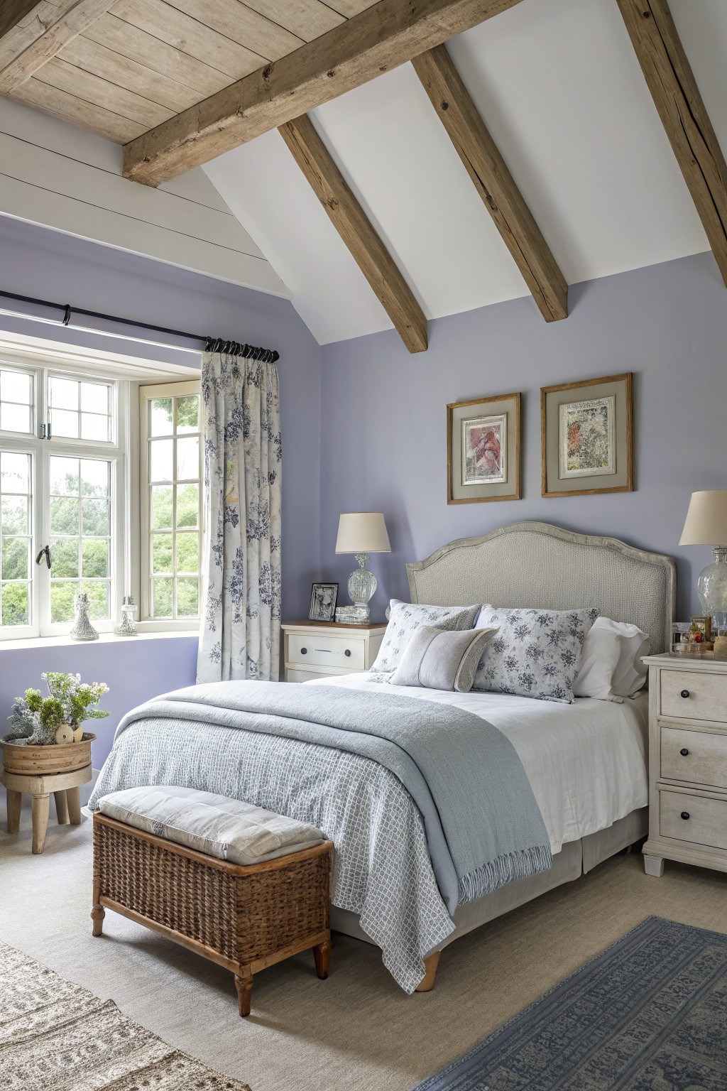 Cozy bedroom with a lavender wall, wooden beams, floral curtains, and a woven bench.