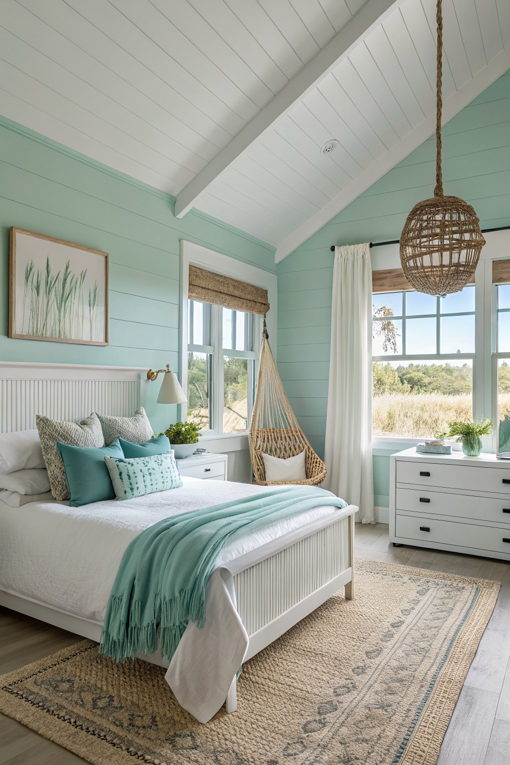A bedroom with soft mint green walls and white trim.