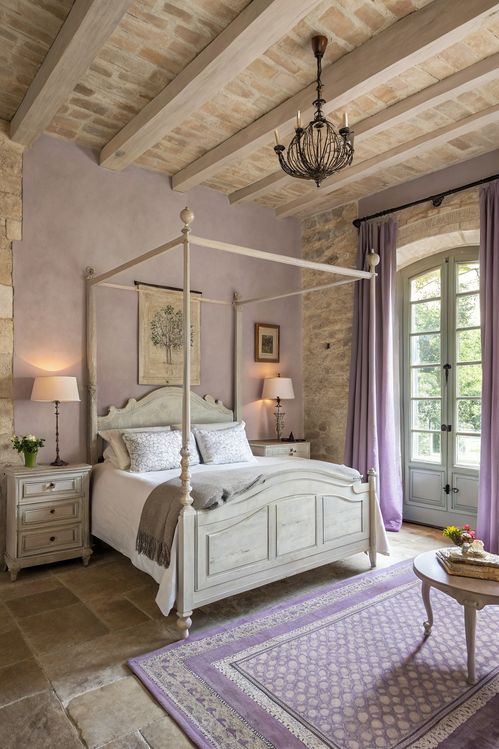 A bedroom with soft muted lavender walls and a white canopy bed.