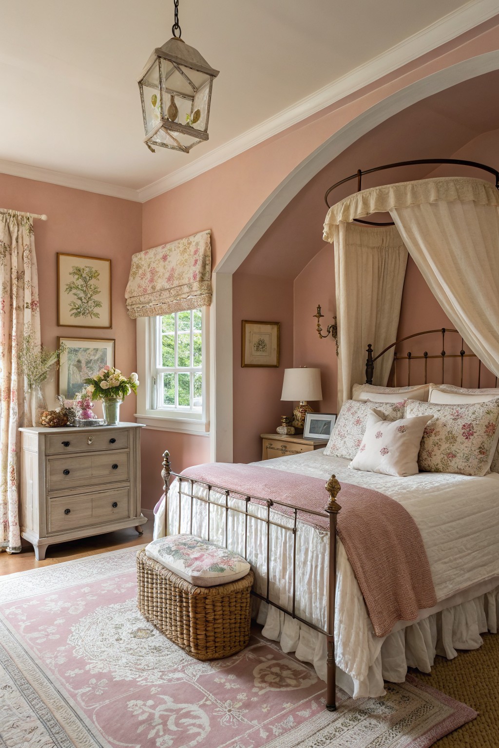 Bedroom walls painted in a soft pink shade with white trim and an arched opening.