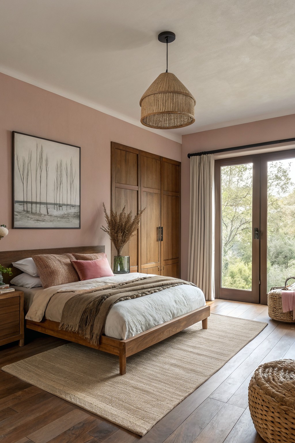 Modern bedroom featuring a wooden bed, neutral colors, cozy textiles, and natural light.