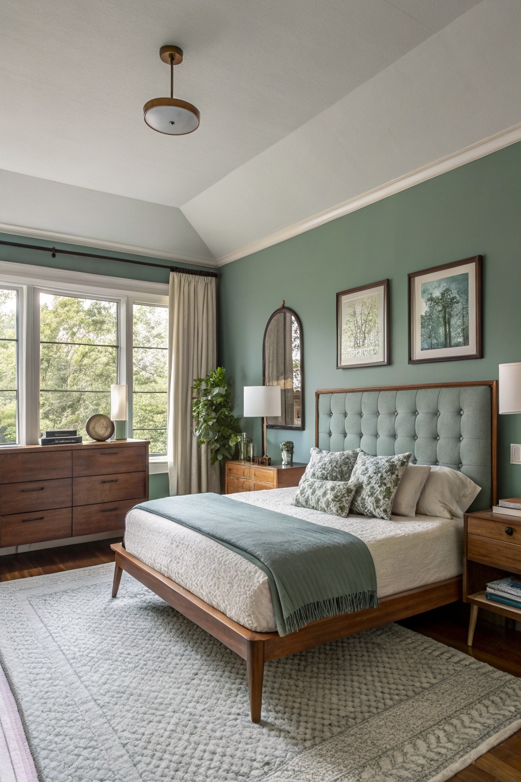 Modern bedroom featuring a green accent wall, wooden furniture, and soft textiles.