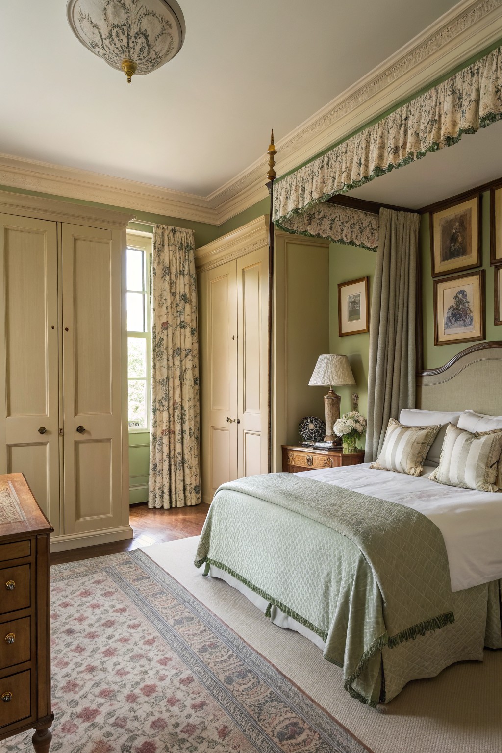 Elegant bedroom with green walls, patterned curtains, a four-poster bed, and antique furniture.