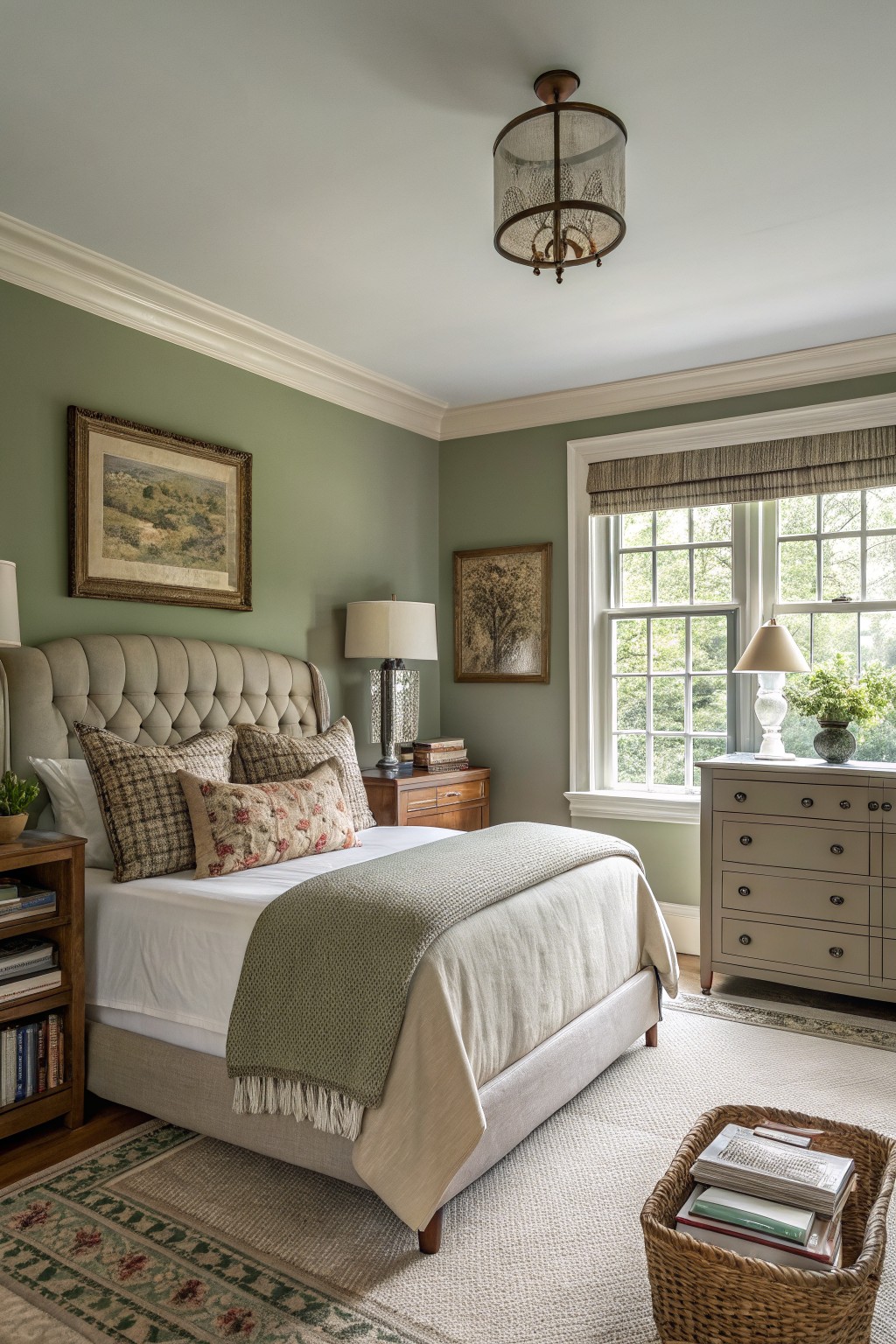 Cozy bedroom with green walls, tufted bed, decorative pillows, and wooden furniture.