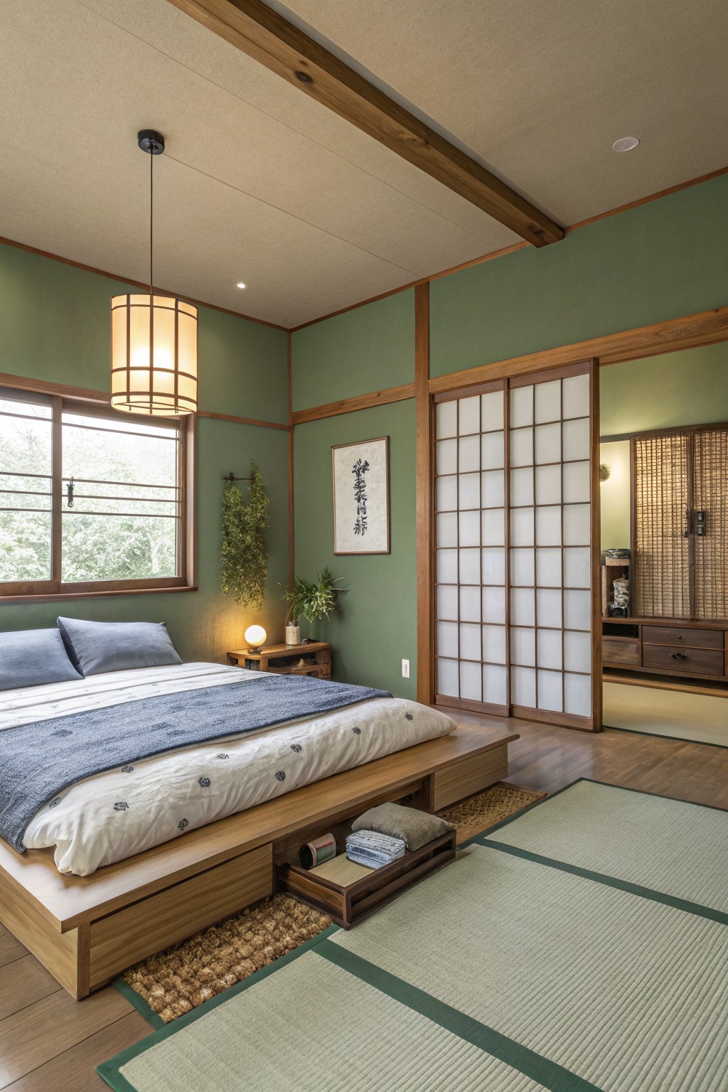 Cozy Japanese-style bedroom featuring tatami mats, a wooden platform bed, and green walls.