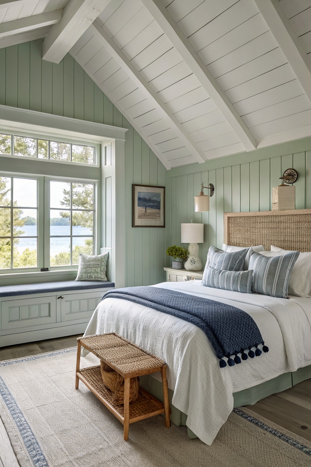A bedroom featuring soft sage green walls with white trim and a large window overlooking the water.
