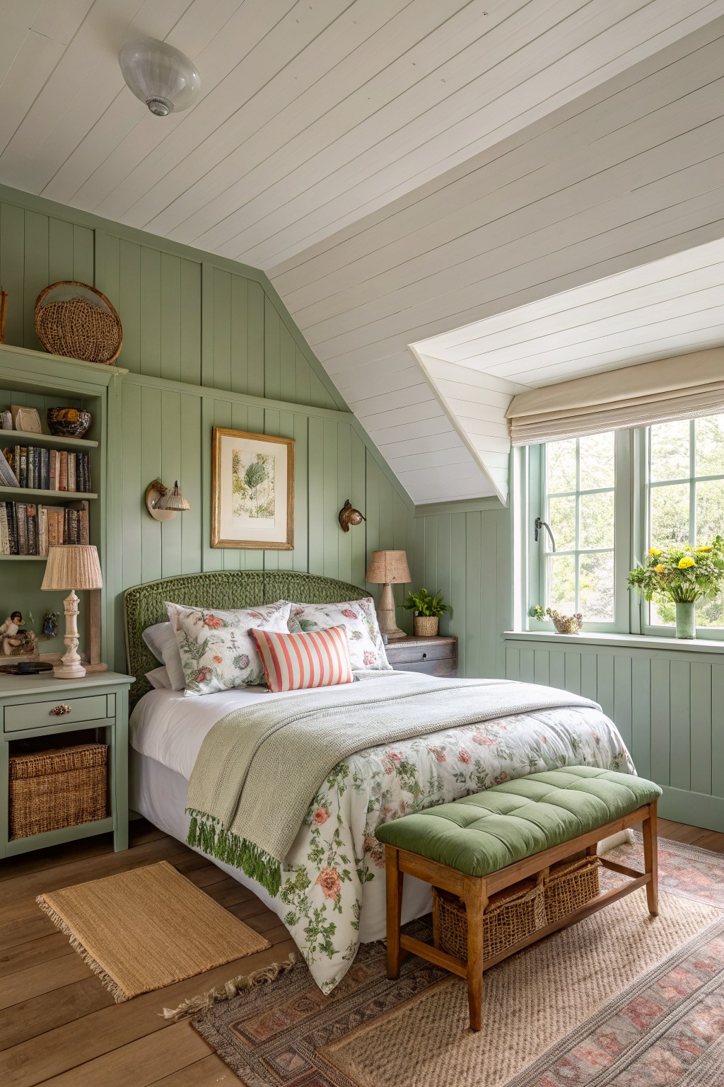 Cozy bedroom featuring green walls, floral bedding, wooden furniture, and large windows.
