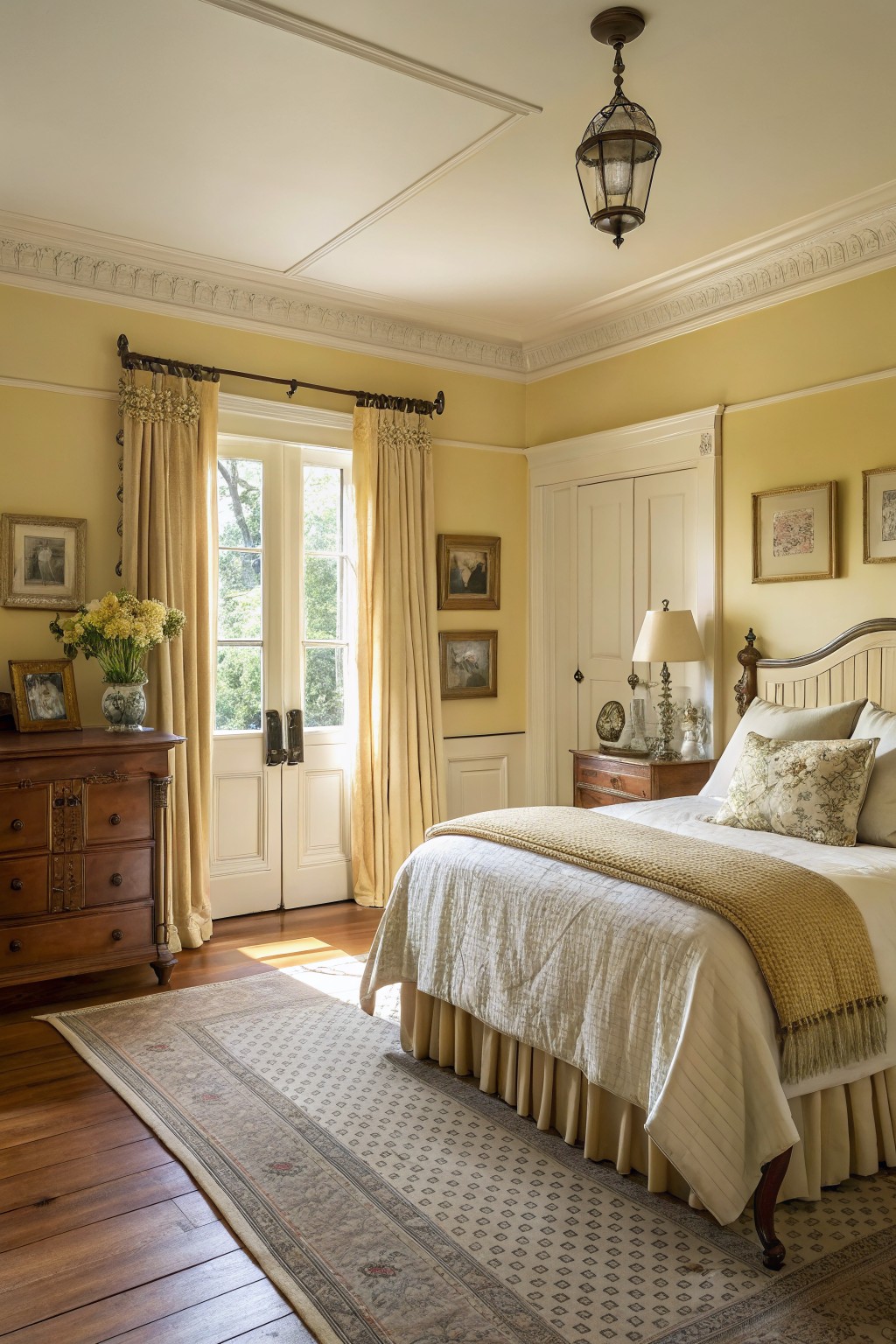 Bright, cozy bedroom with yellow walls, antique furniture, floral curtains, and a warm rug.