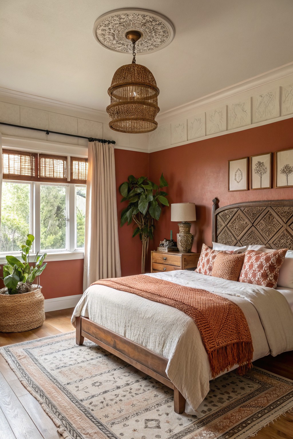 Warm-toned bedroom with a wooden bed, textured fabrics, plants, and decorative lighting.