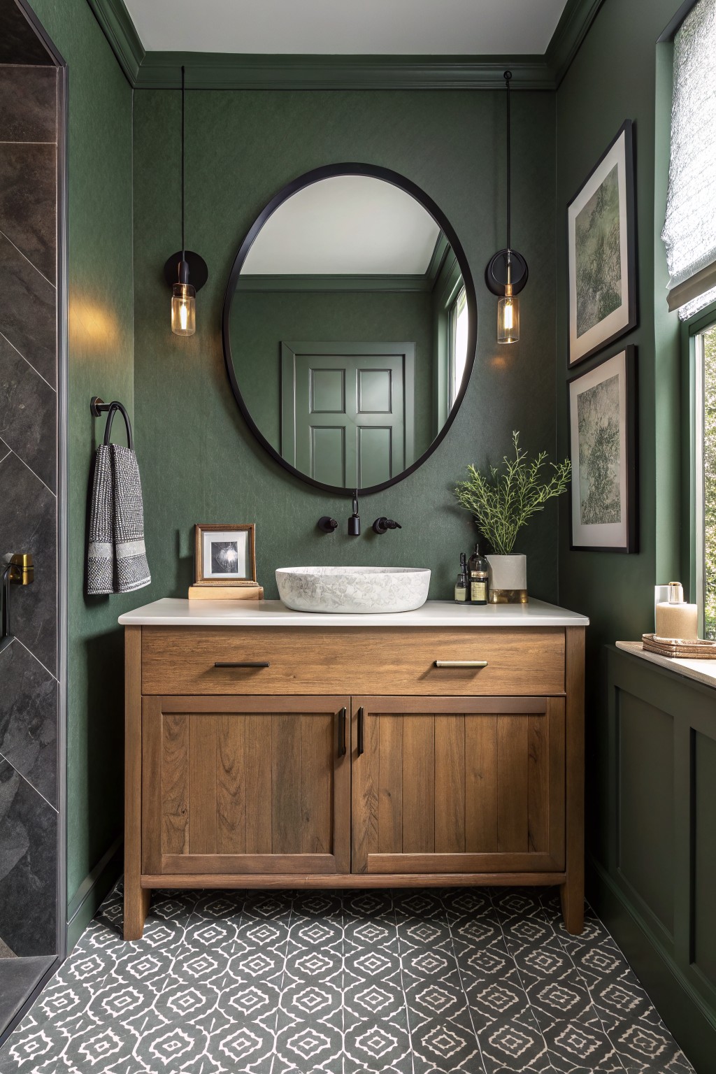 A bathroom featuring deep green walls with a wood vanity and round mirror.