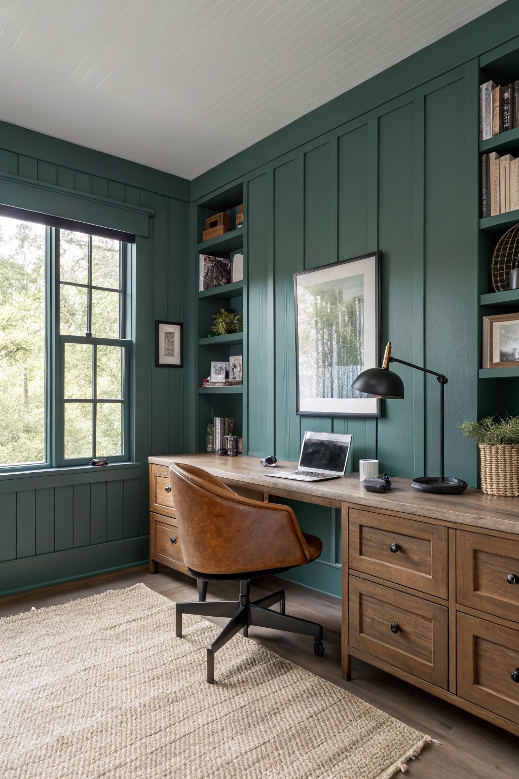 Cozy office with a dark green wall, wooden desk, and modern decor elements.