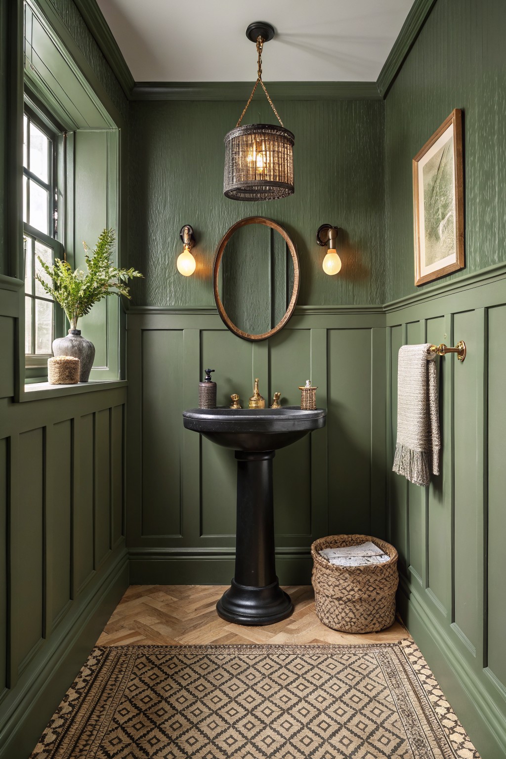 A bathroom featuring deep green paneled walls and a black pedestal sink.