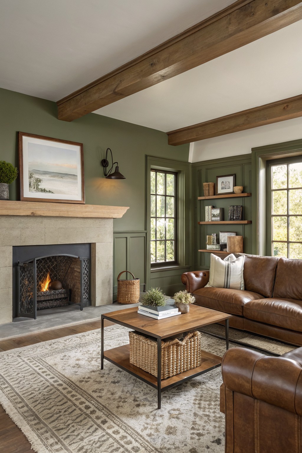 Cozy living room with green walls, leather sofa, fireplace, and wooden beams.