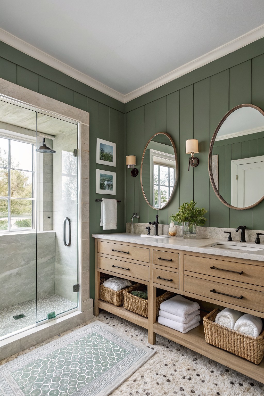 Modern bathroom with green walls, wooden vanity, glass shower, and decorative plants.