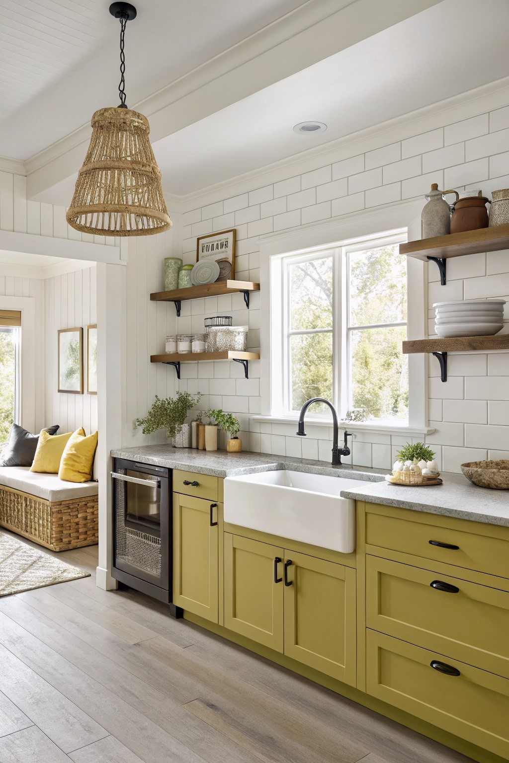 Kitchen cabinets painted in a soft muted green with wood floating shelves above the sink.