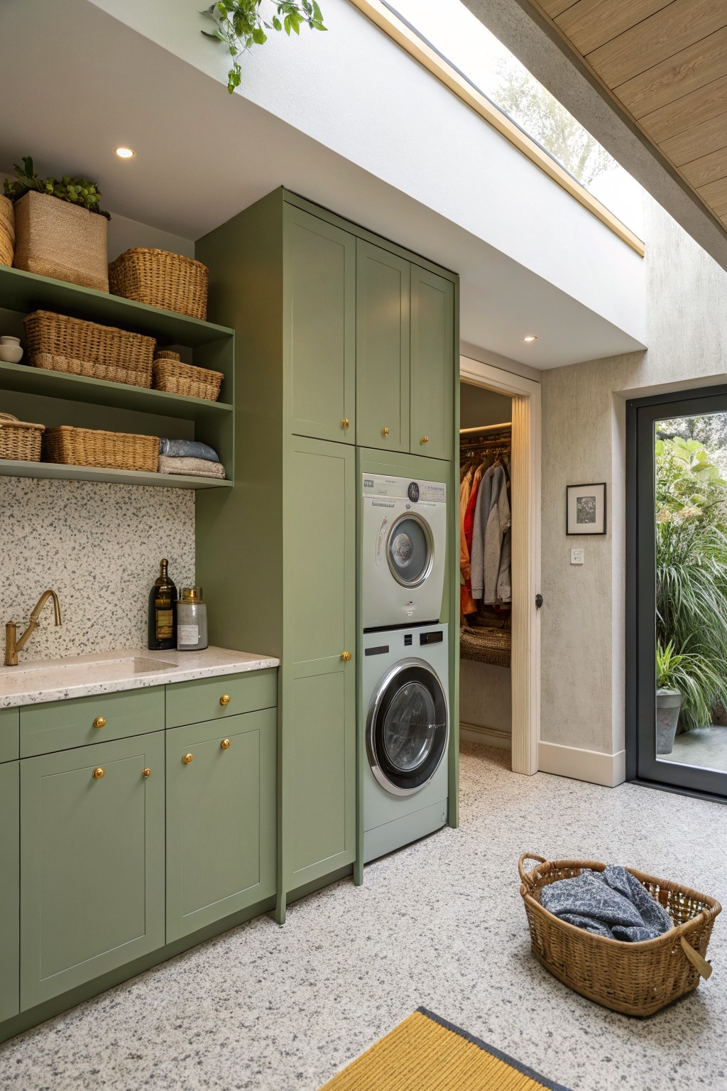 Sage green cabinets and open shelves in a bright laundry room with a terrazzo counter.