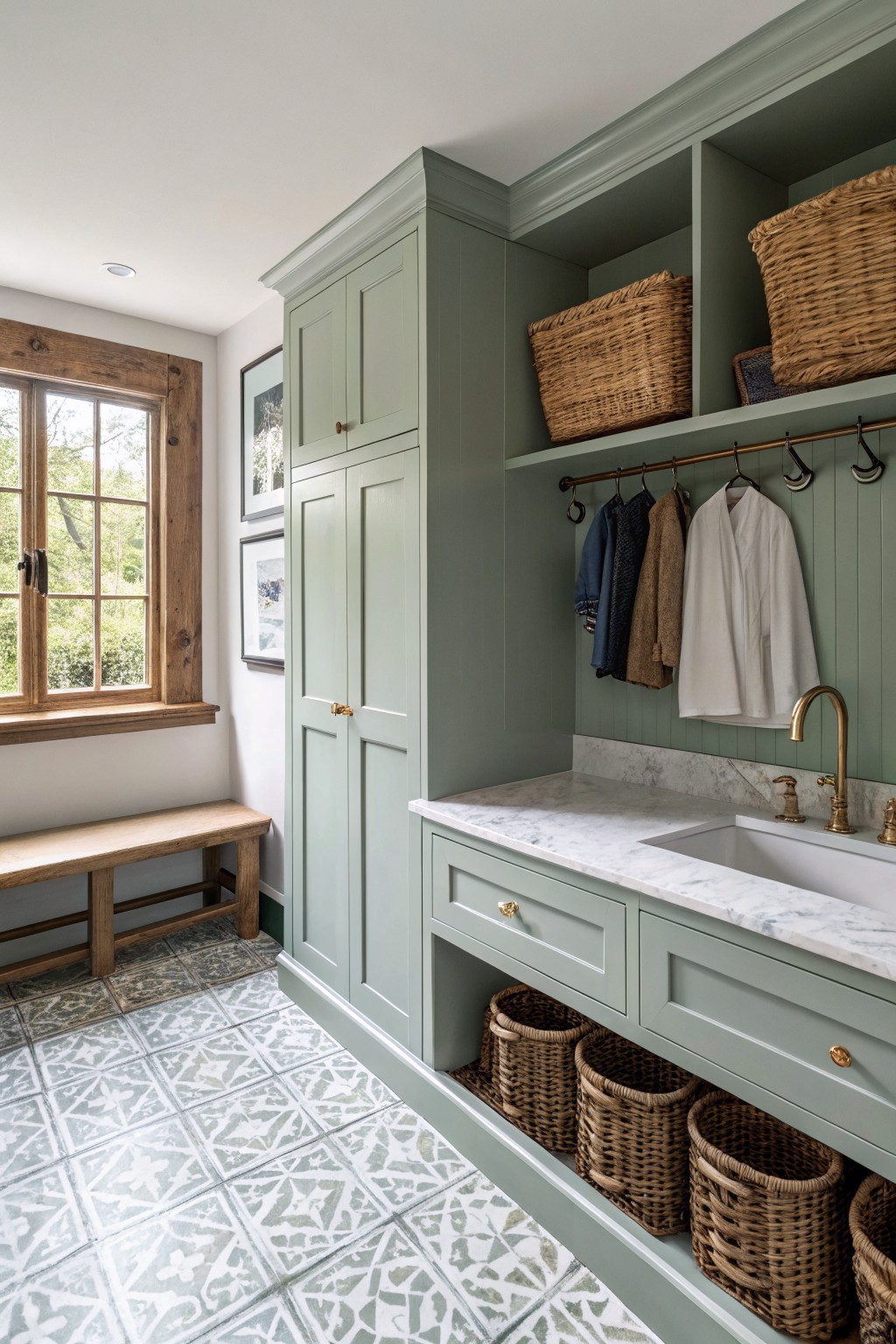Built-in sage green cabinetry with open shelves and a marble countertop in a bright utility space.