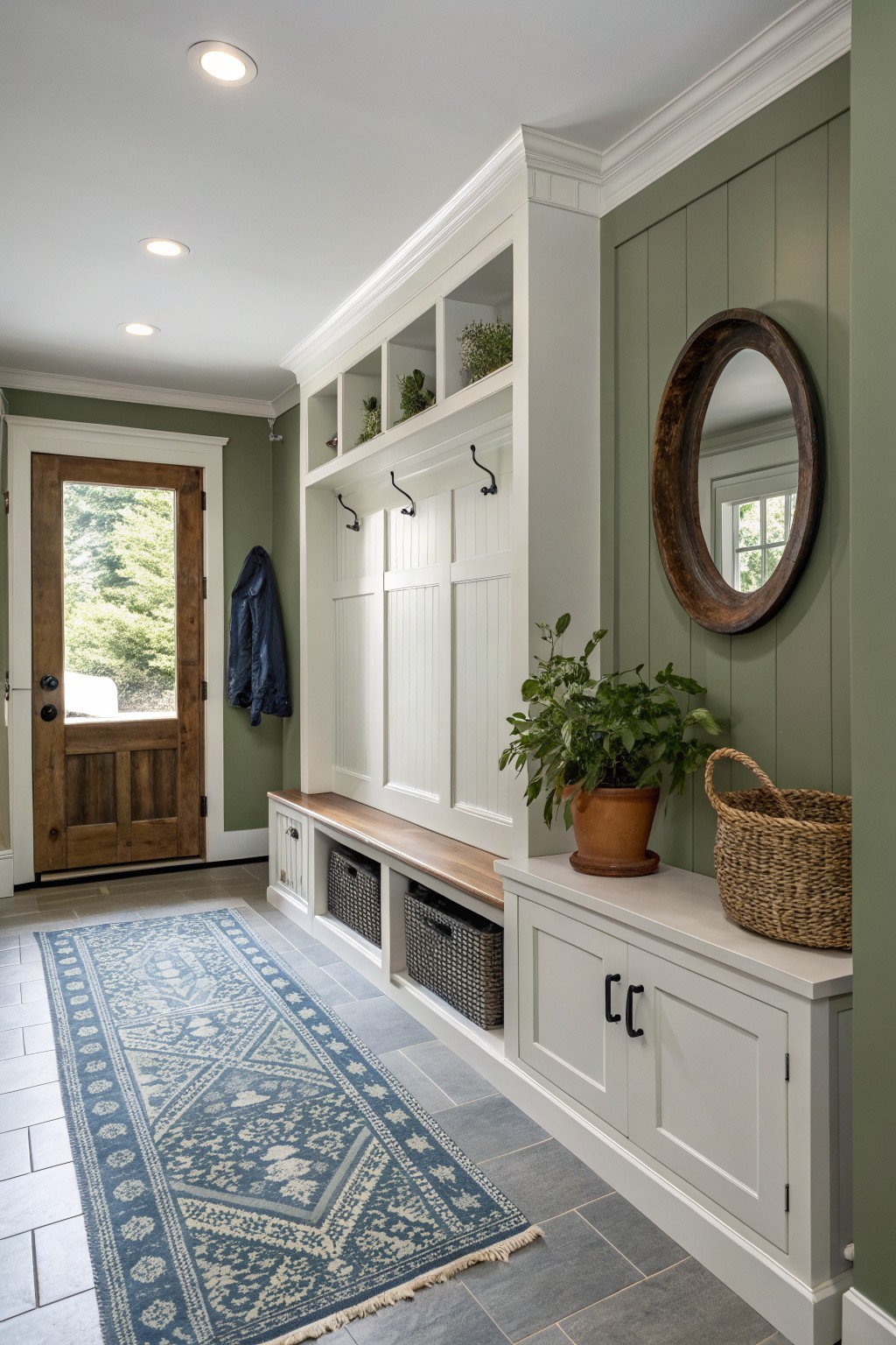 Inviting entryway with green walls, wood door, bench, plants, and patterned rug.