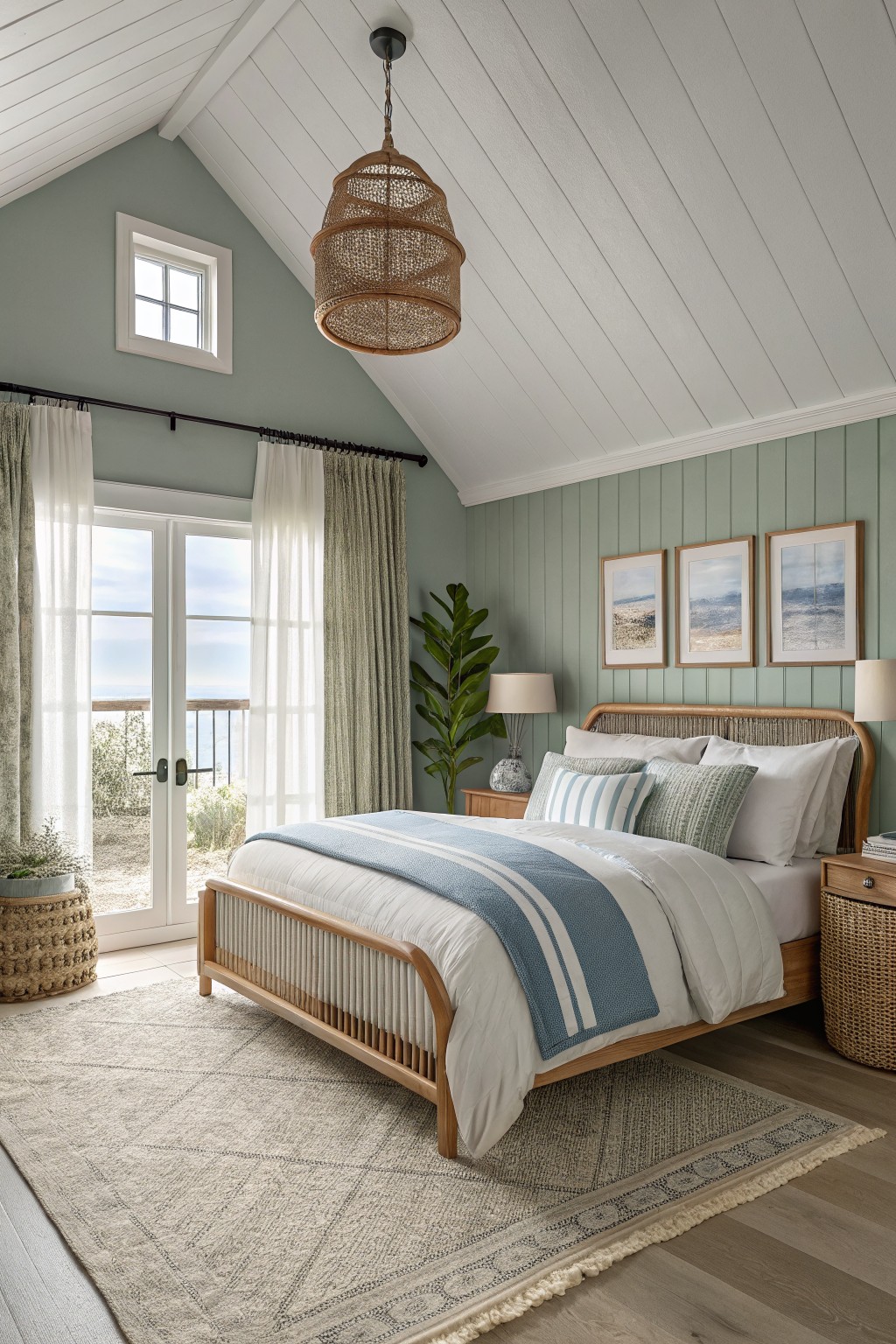 Cozy bedroom featuring a light blue and white striped blanket, natural wood furniture, and greenery.